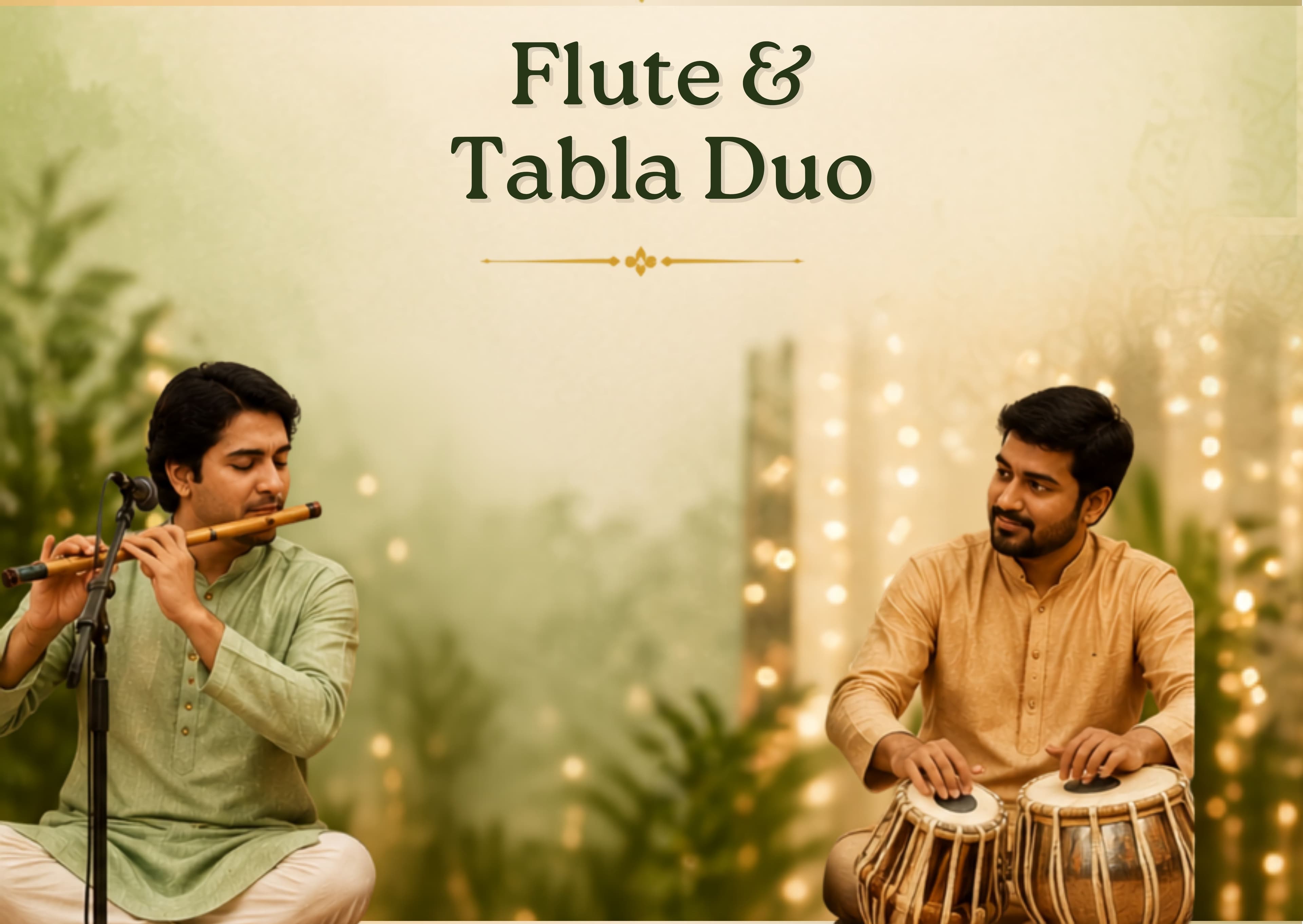 Illustration of a flute and tabla duo performing, titled Flute & Tabla Duo