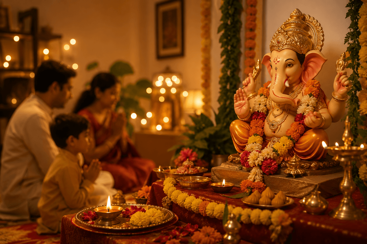 Devotional artist performing at a home Ganpati celebration in Mumbai