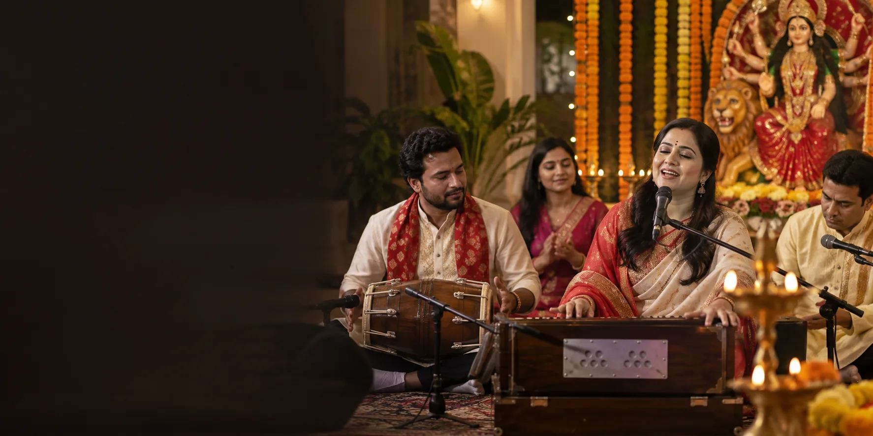 Illustrative Navratri devotional performance with singers and musicians