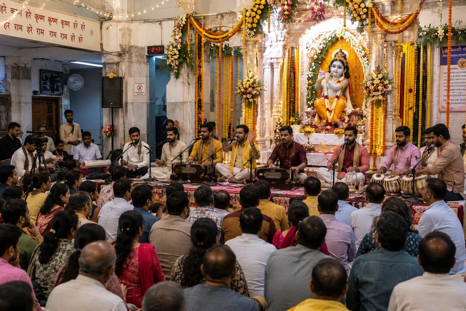 Live Bhajan and Kirtan performance at a Janmashtami temple celebration